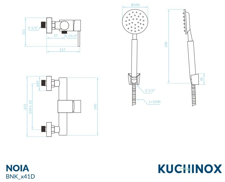 Dušo maišytuvas su dušo komplektu Kuchinox NOIA, BNK_241D, Brushed steel