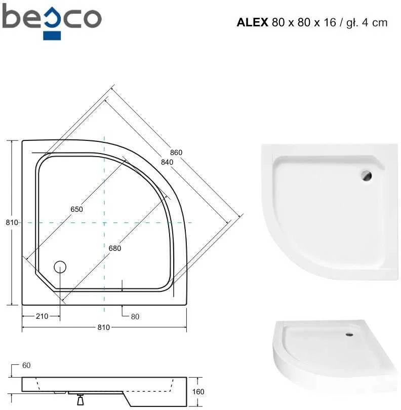 Dušo padėklas BESCO ALEX, 80×80×16 cm