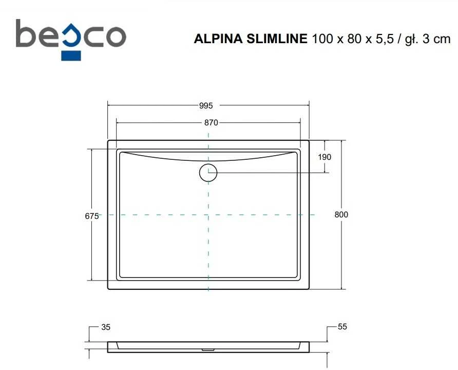 Dušo padėklas Besco Alpina SlimLine Stone Effect New, 100 x 80 x 5,5 cm