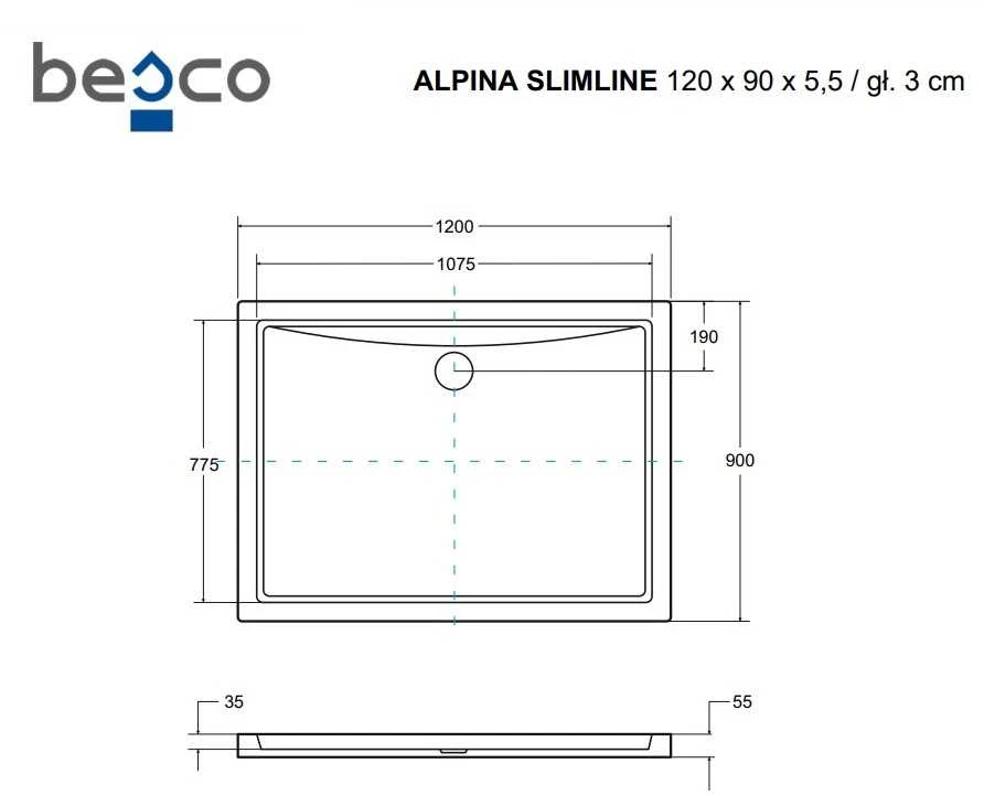 Dušo padėklas Besco Alpina SlimLine Stone Effect New, 120 x 90 x 5,5 cm