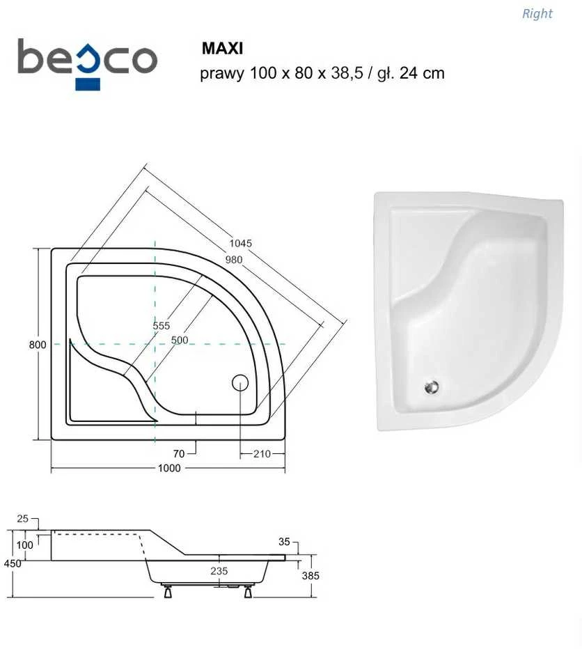 Dušo padėklas Besco Maxi, 100 x 80 cm, dešininis