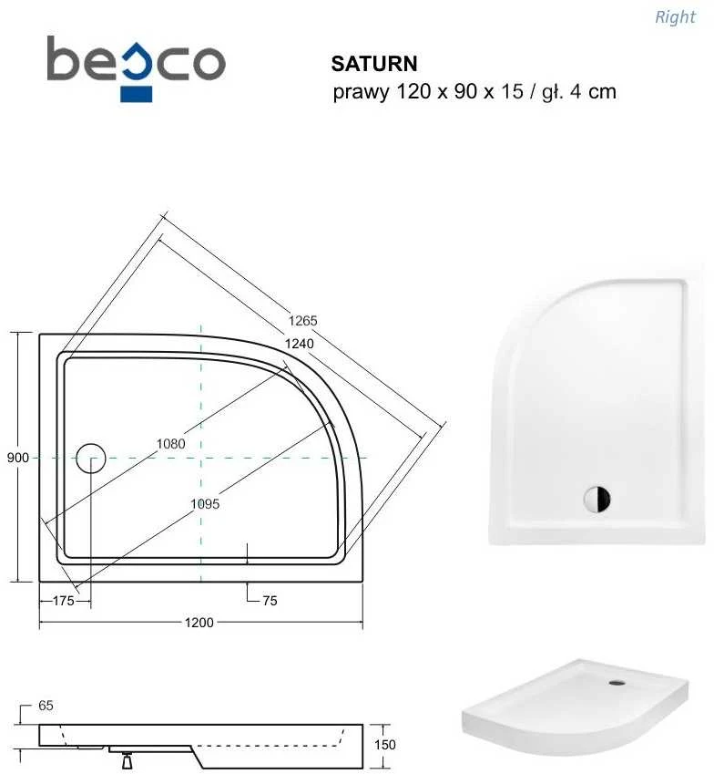 Dušo padėklas Besco Saturn, 120 x 90 cm, dešininis