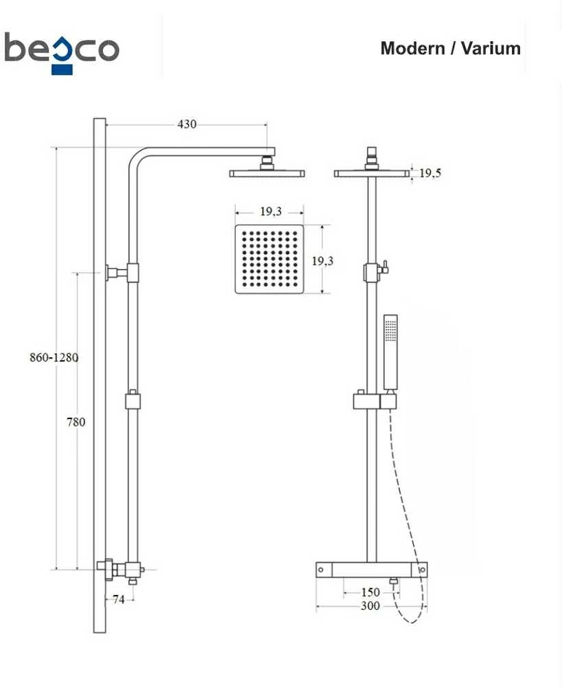 Dušo sistema su termostatu Besco Modern / Varium, Chrome