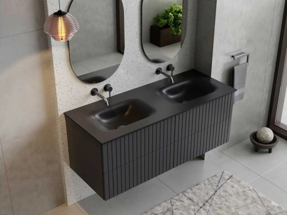 Dviguba spintelė Besco Akya Linea 131 cm su praustuvu ir klik-klak, Gun Metal matt/Gun metal+Juodas matt