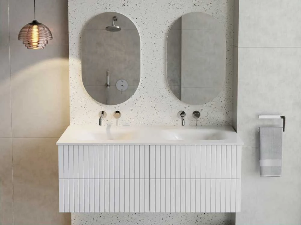 Dviguba spintelė Besco Akya Linea 131 cm su praustuvu ir klik-klak, Baltas matt/Baltas glossy+Chrome