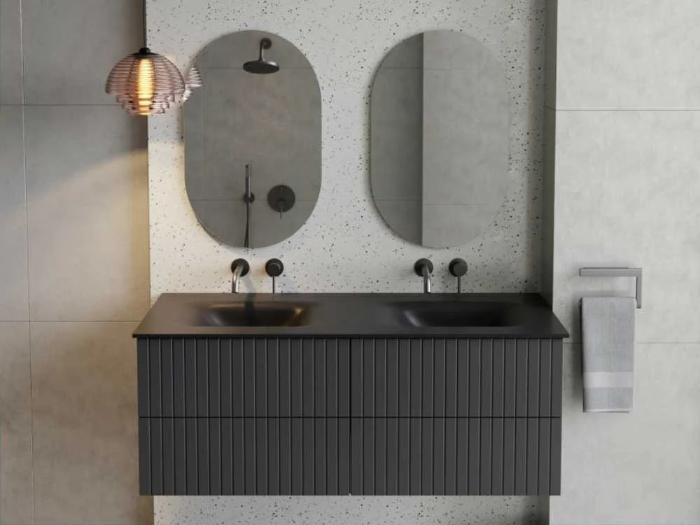 Dviguba spintelė Besco Akya Linea 131 cm su praustuvu ir klik-klak, Gun Metal matt/Gun metal+Juodas matt