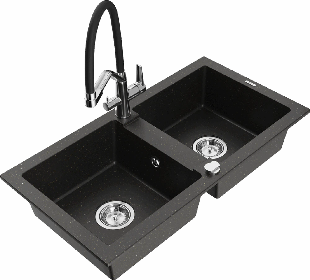Granitinė virtuvinė plautuvė Mexen Mario su maišytuvu ir sifonu, Metallic juodas/auksinis+Juodas/Chrome