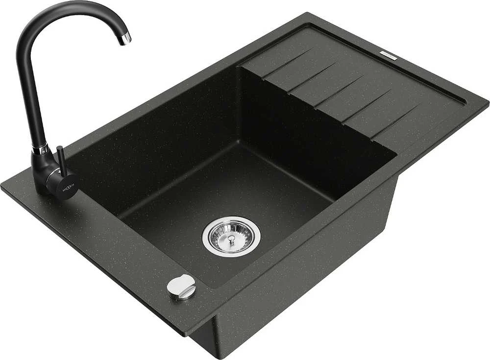 Granitinė virtuvinė plautuvė Mexen Elias su maišytuvu ir sifonu, Metallic juodas/auksinis+Juodas