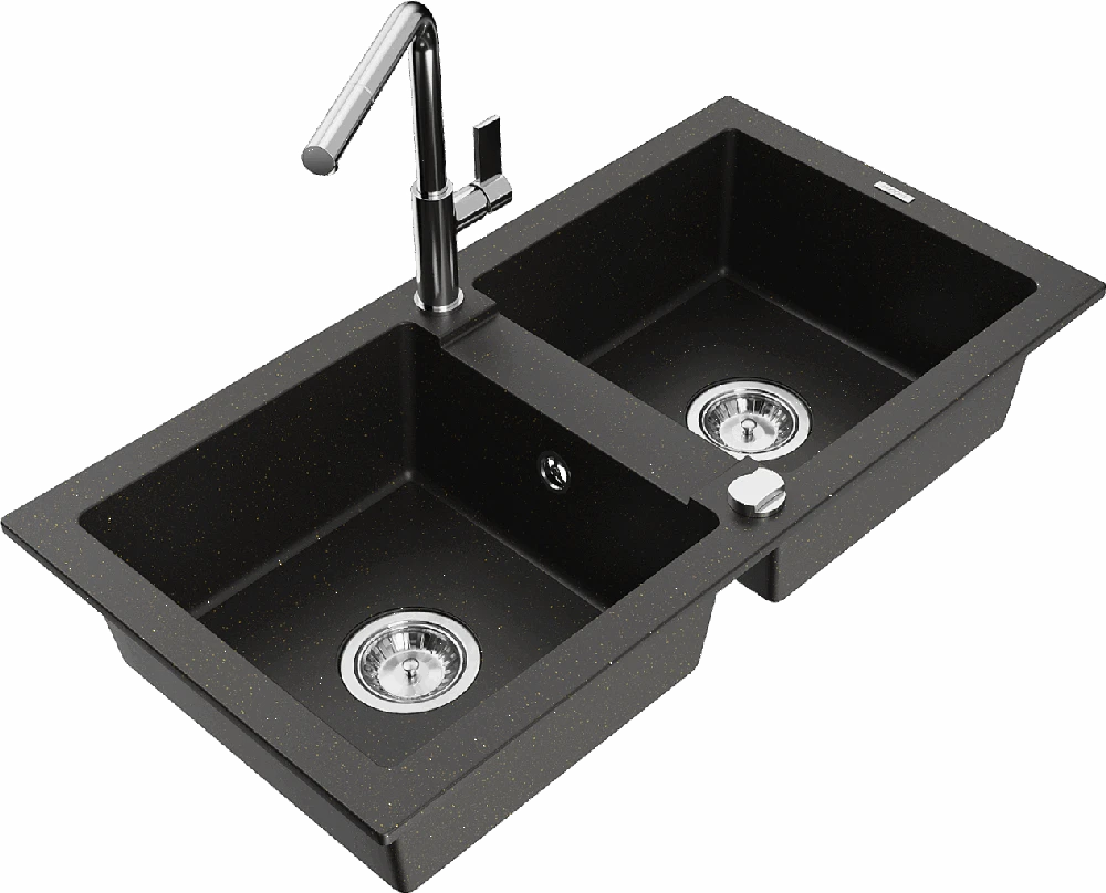 Granitinė virtuvinė plautuvė Mexen Mario su maišytuvu ir sifonu, Metallic juodas/auksinis+Chrome