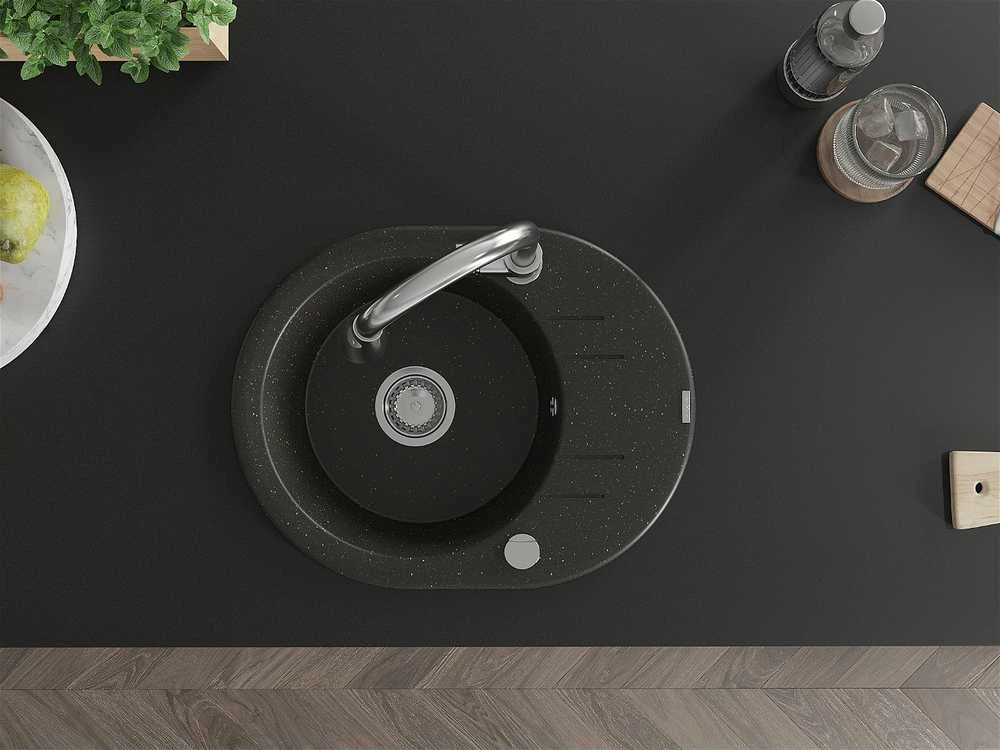 Granitinė virtuvinė plautuvė Mexen Kevin su maišytuvu ir sifonu, Metallic juodas/auksinis+Chrome