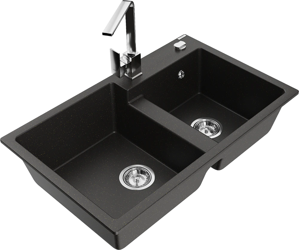 Granitinė virtuvinė plautuvė Mexen Tomas su maišytuvu ir sifonu, Metallic juodas/auksinis+Chrome
