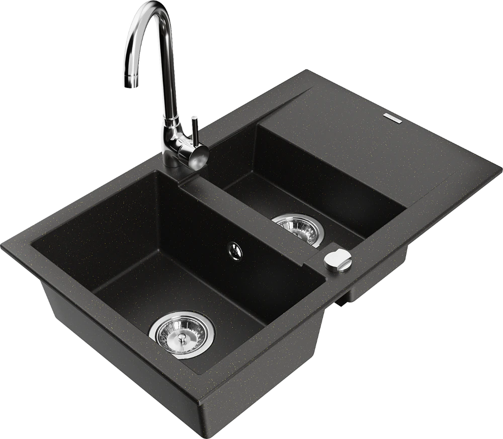 Granitinė virtuvinė plautuvė Mexen Gaspar su maišytuvu ir sifonu, Metallic juodas/auksinis+Chrome