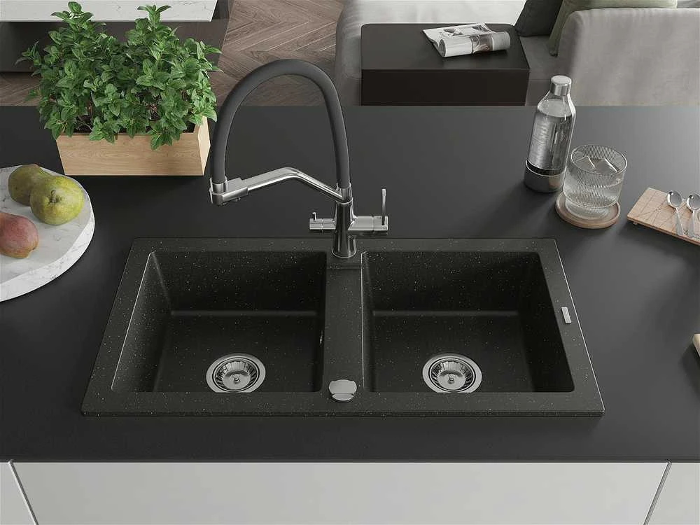 Granitinė virtuvinė plautuvė Mexen Mario su maišytuvu ir sifonu, Metallic juodas/auksinis+Juodas/Chrome