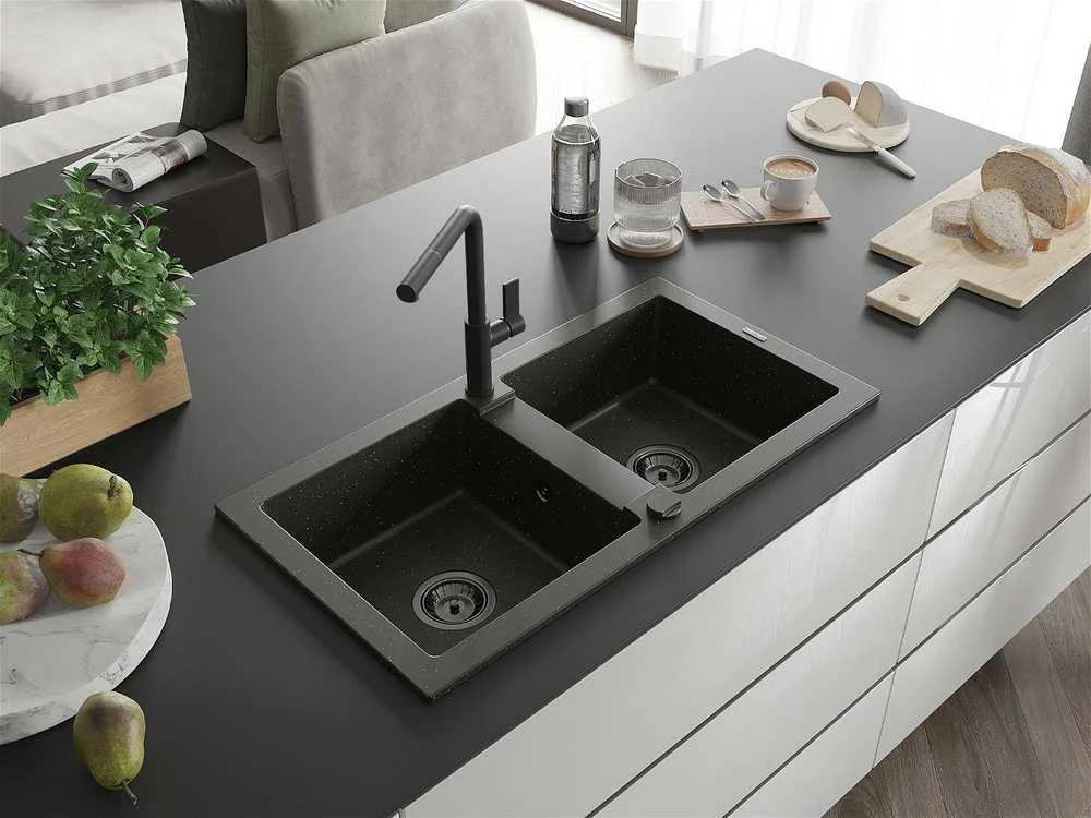Granitinė virtuvinė plautuvė Mexen Mario su maišytuvu ir sifonu, Metallic juodas/auksinis+Juodas
