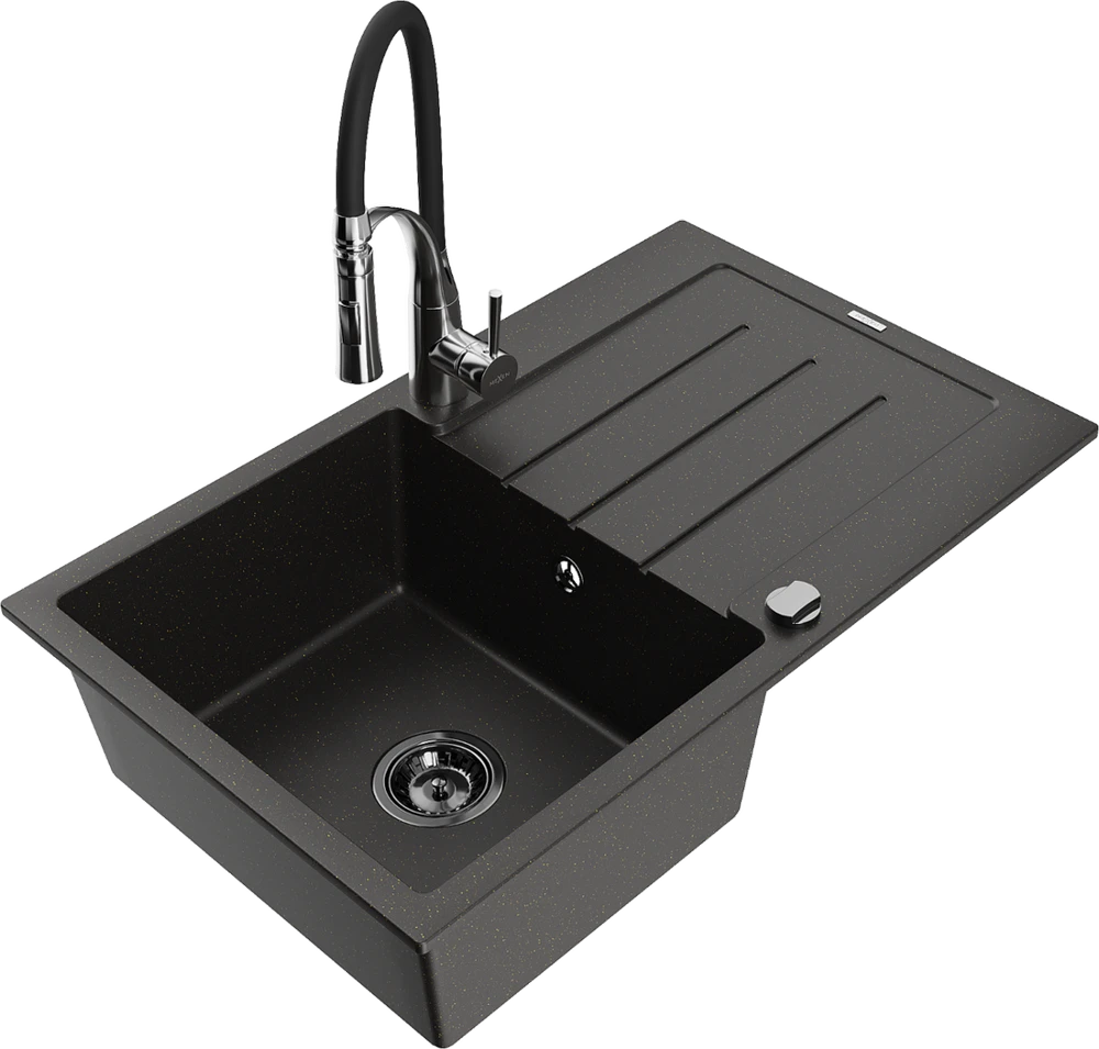 Granitinė virtuvinė plautuvė Mexen Bruno su maišytuvu ir sifonu, Metallic juodas/auksinis+Juodas/Chrome