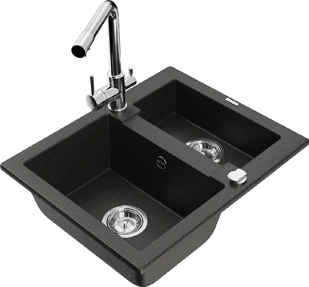 Granitinė virtuvinė plautuvė Mexen Carlos su maišytuvu ir sifonu, Metallic juodas/auksinis+Chrome