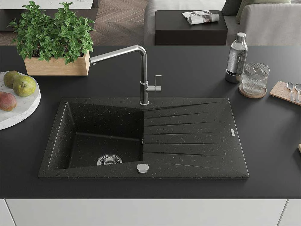 Granitinė virtuvinė plautuvė Mexen Cesar su maišytuvu ir sifonu, Metallic juodas/auksinis+Chrome