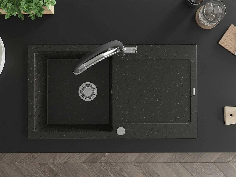 Granitinė virtuvinė plautuvė Mexen Leo su maišytuvu ir sifonu, Metallic juodas/auksinis+Juodas/Chrome