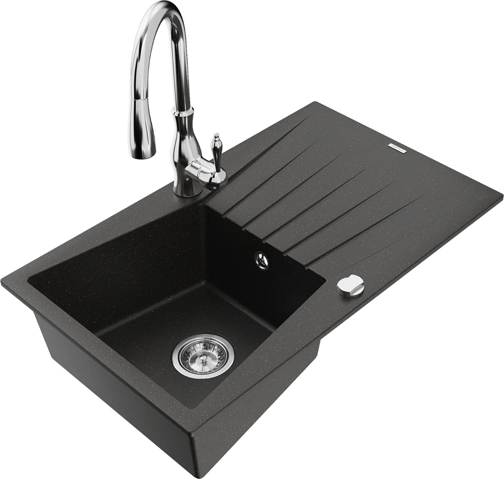 Granitinė virtuvinė plautuvė Mexen Cesar su maišytuvu ir sifonu, Metallic juodas/auksinis+Chrome