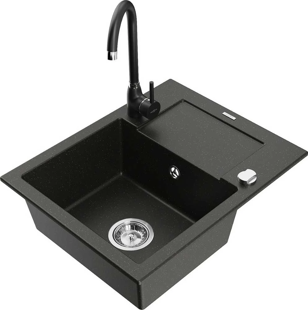 Granitinė virtuvinė plautuvė Mexen Enzo su maišytuvu ir sifonu, Metallic juodas/auksinis+Juodas