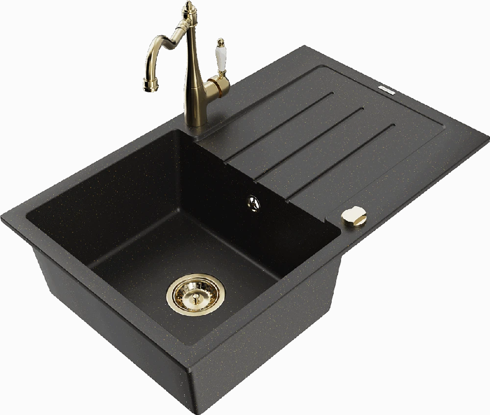 Granitinė virtuvinė plautuvė Mexen Bruno su maišytuvu ir sifonu, Metallic juodas/auksinis+Chrome