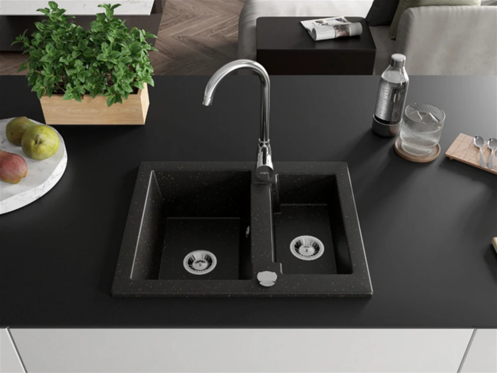 Granitinė virtuvinė plautuvė Mexen Carlos su maišytuvu ir sifonu, Metallic juodas/auksinis+Chrome