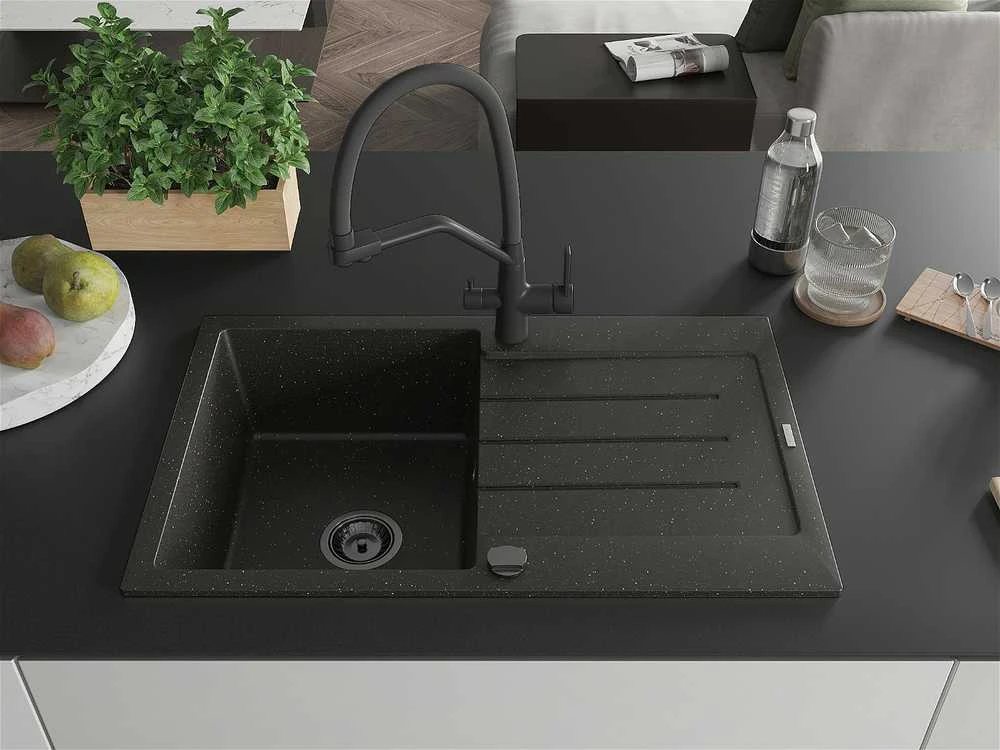 Granitinė virtuvinė plautuvė Mexen Bruno su maišytuvu ir sifonu, Metallic juodas/auksinis+Juodas