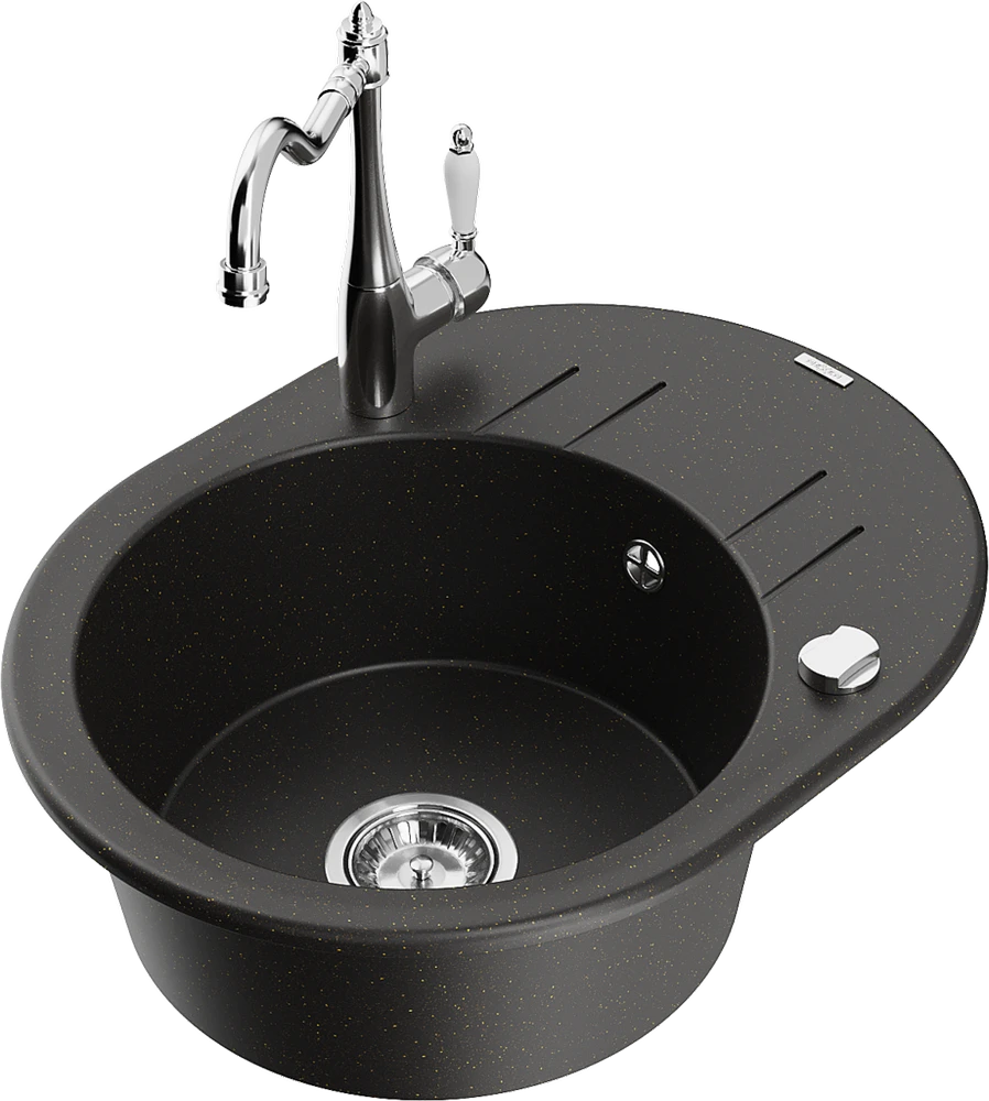 Granitinė virtuvinė plautuvė Mexen Kevin su maišytuvu ir sifonu, Metallic juodas/auksinis+Chrome