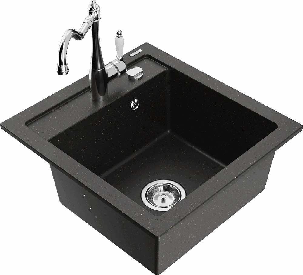 Granitinė virtuvinė plautuvė Mexen Vito su maišytuvu ir sifonu, Metallic juodas/auksinis+Chrome