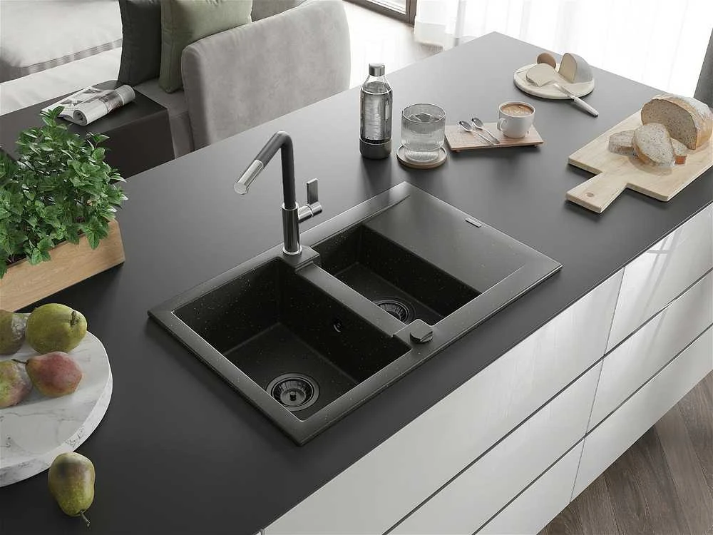 Granitinė virtuvinė plautuvė Mexen Gaspar su maišytuvu ir sifonu, Metallic juodas/auksinis+Juodas/Chrome