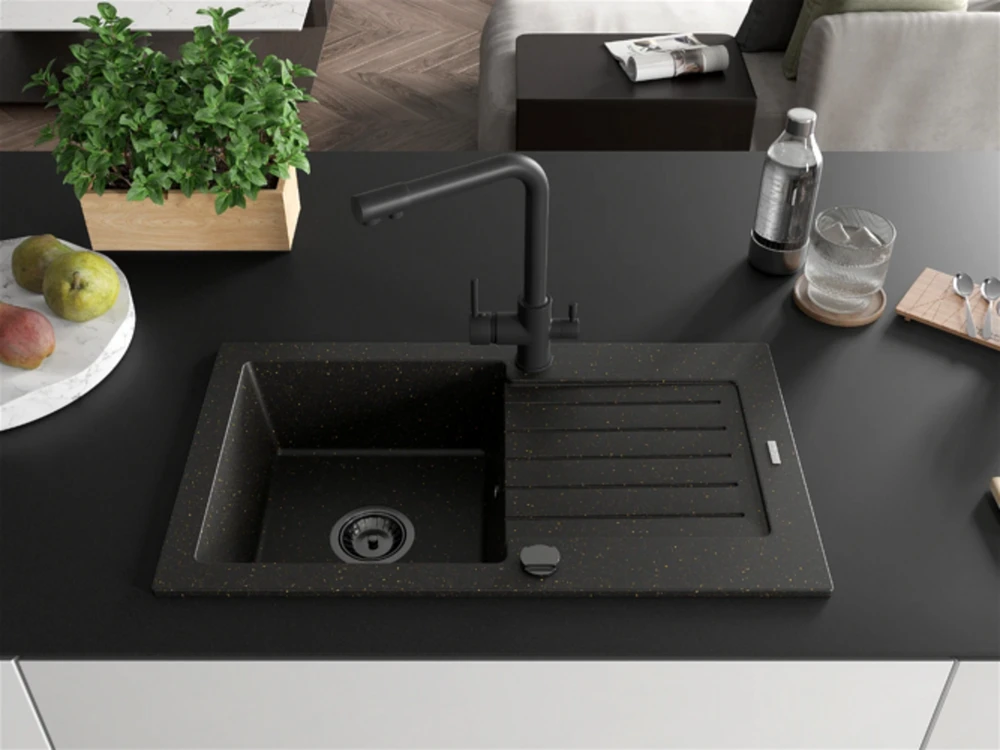 Granitinė virtuvinė plautuvė Mexen Pablo su maišytuvu ir sifonu, Metallic juodas/auksinis+Juodas(B)