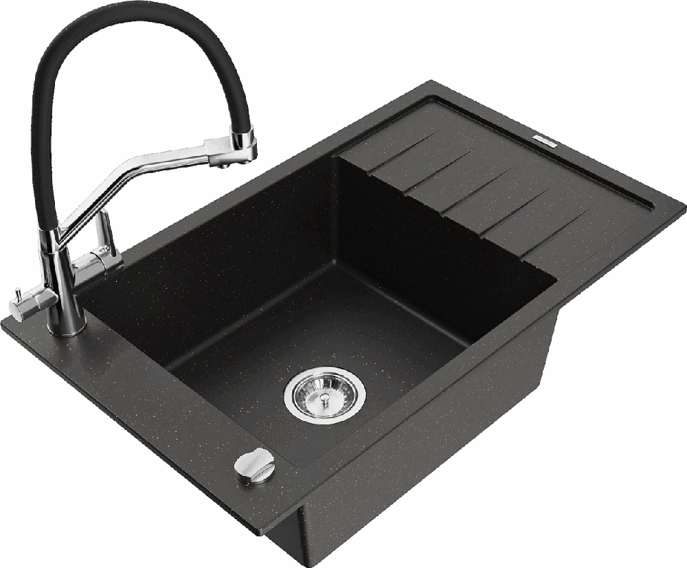 Granitinė virtuvinė plautuvė Mexen Elias su maišytuvu ir sifonu, Metallic juodas/auksinis+Juodas/Chrome