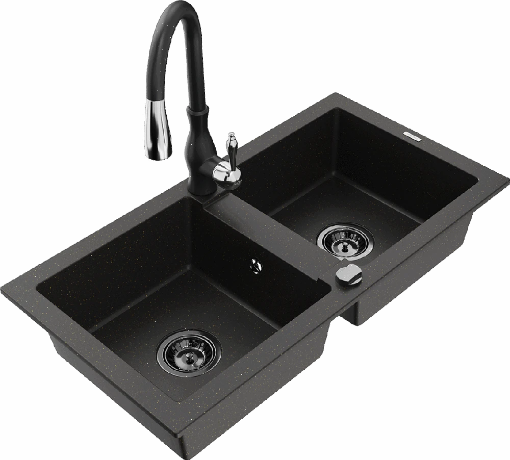 Granitinė virtuvinė plautuvė Mexen Mario su maišytuvu ir sifonu, Metallic juodas/auksinis+Juodas