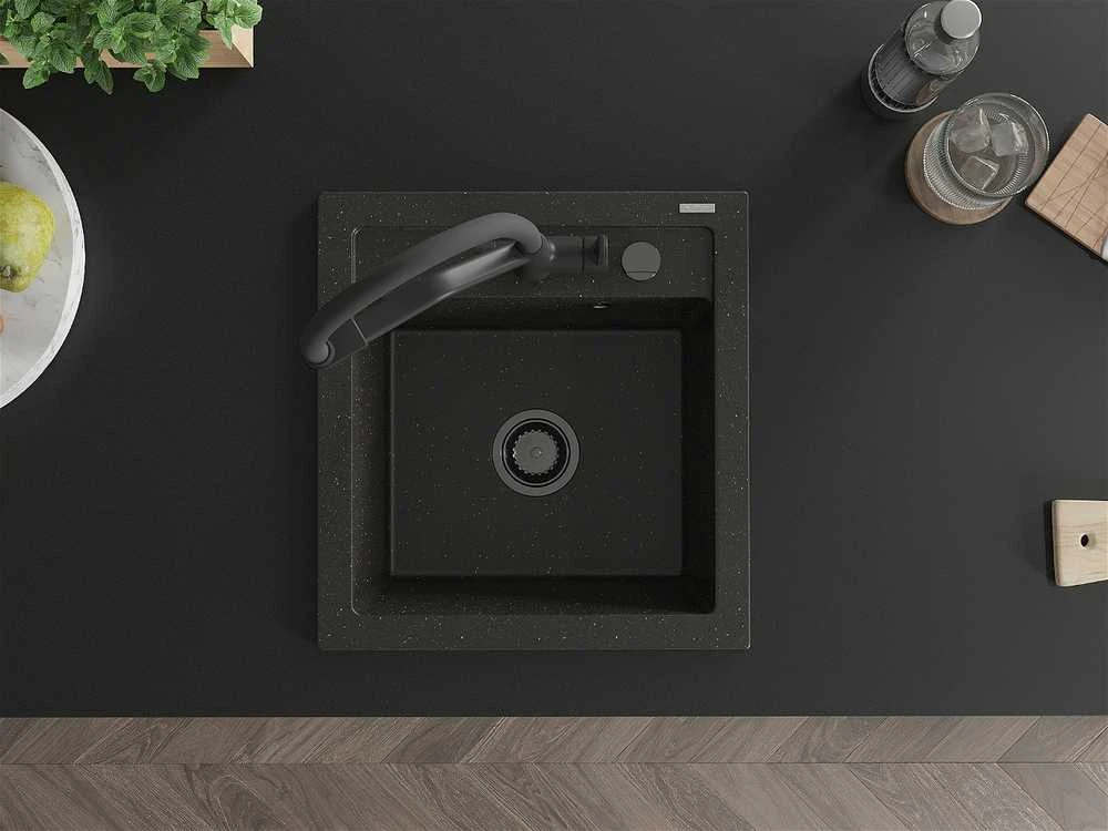 Granitinė virtuvinė plautuvė Mexen Vito su maišytuvu ir sifonu, Metallic juodas/auksinis+Juodas