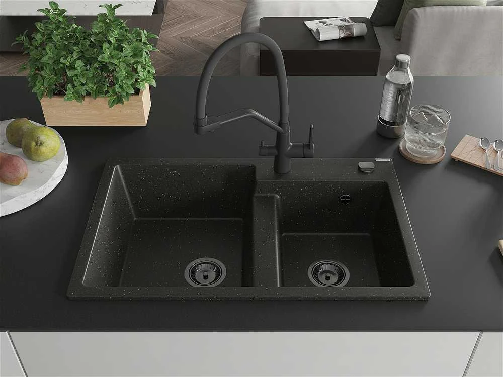 Granitinė virtuvinė plautuvė Mexen Tomas su maišytuvu ir sifonu, Metallic juodas/auksinis+Juodas