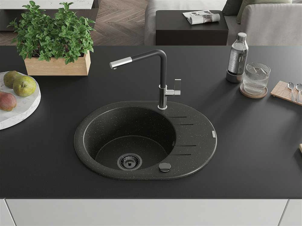 Granitinė virtuvinė plautuvė Mexen Kevin su maišytuvu ir sifonu, Metallic juodas/auksinis+Juodas/Chrome