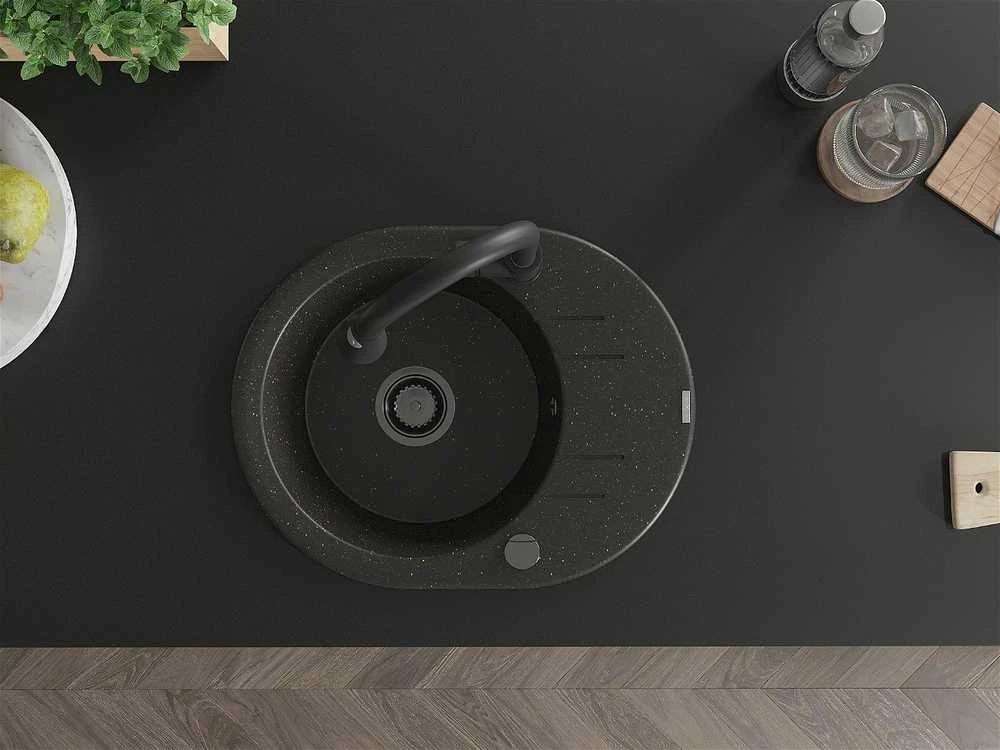 Granitinė virtuvinė plautuvė Mexen Kevin su maišytuvu ir sifonu, Metallic juodas/auksinis+Juodas