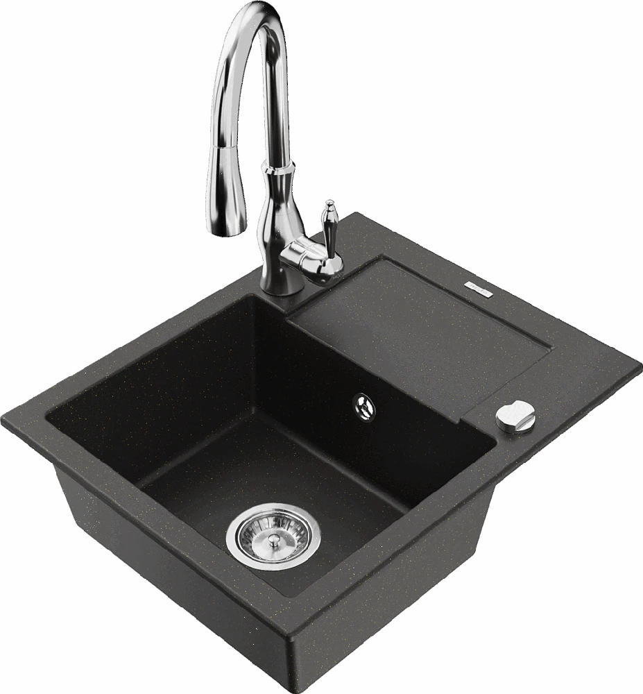 Granitinė virtuvinė plautuvė Mexen Enzo su maišytuvu ir sifonu, Metallic juodas/auksinis+Chrome