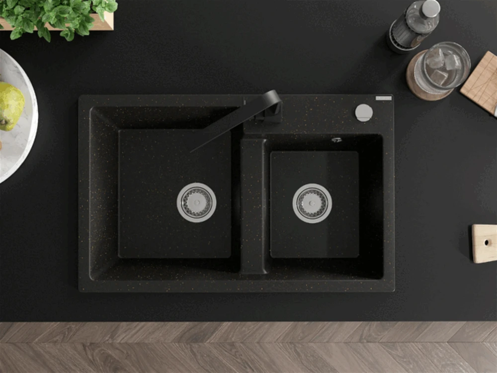 Granitinė virtuvinė plautuvė Mexen Tomas su maišytuvu ir sifonu, Metallic juodas/auksinis+Juodas