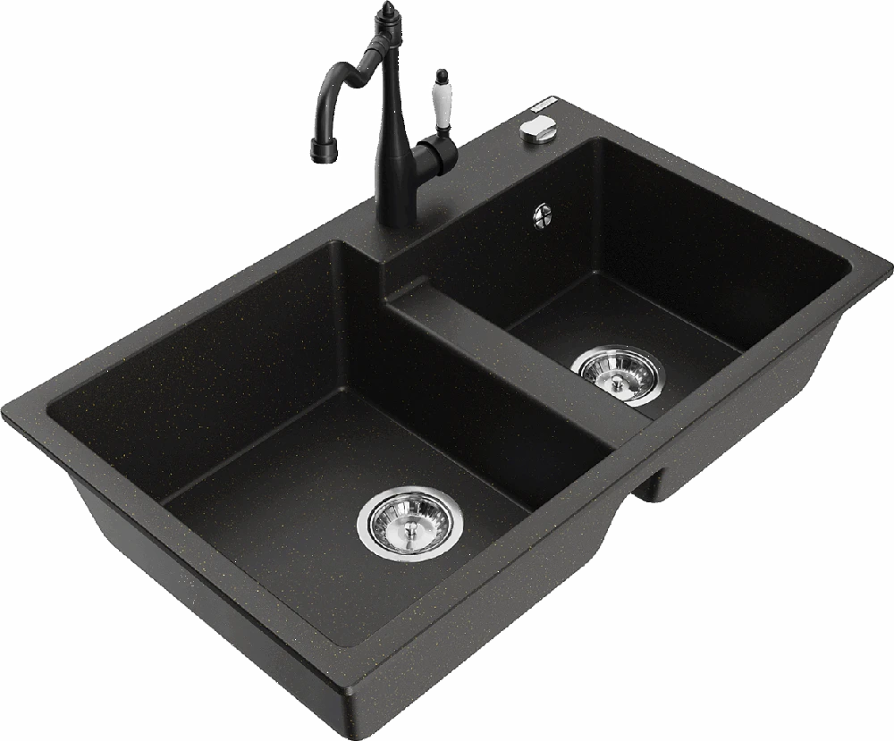 Granitinė virtuvinė plautuvė Mexen Tomas su maišytuvu ir sifonu, Metallic juodas/auksinis+Juodas