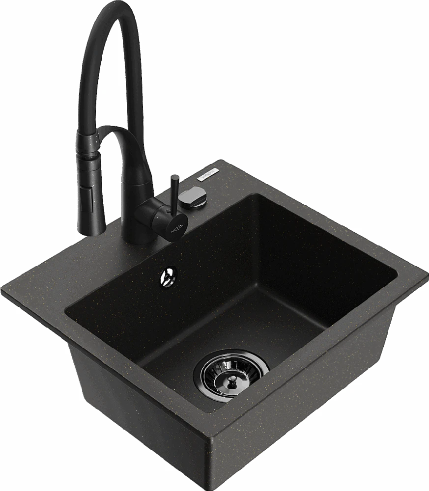 Granitinė virtuvinė plautuvė Mexen Milo su maišytuvu ir sifonu, Metallic juodas/auksinis+Juodas