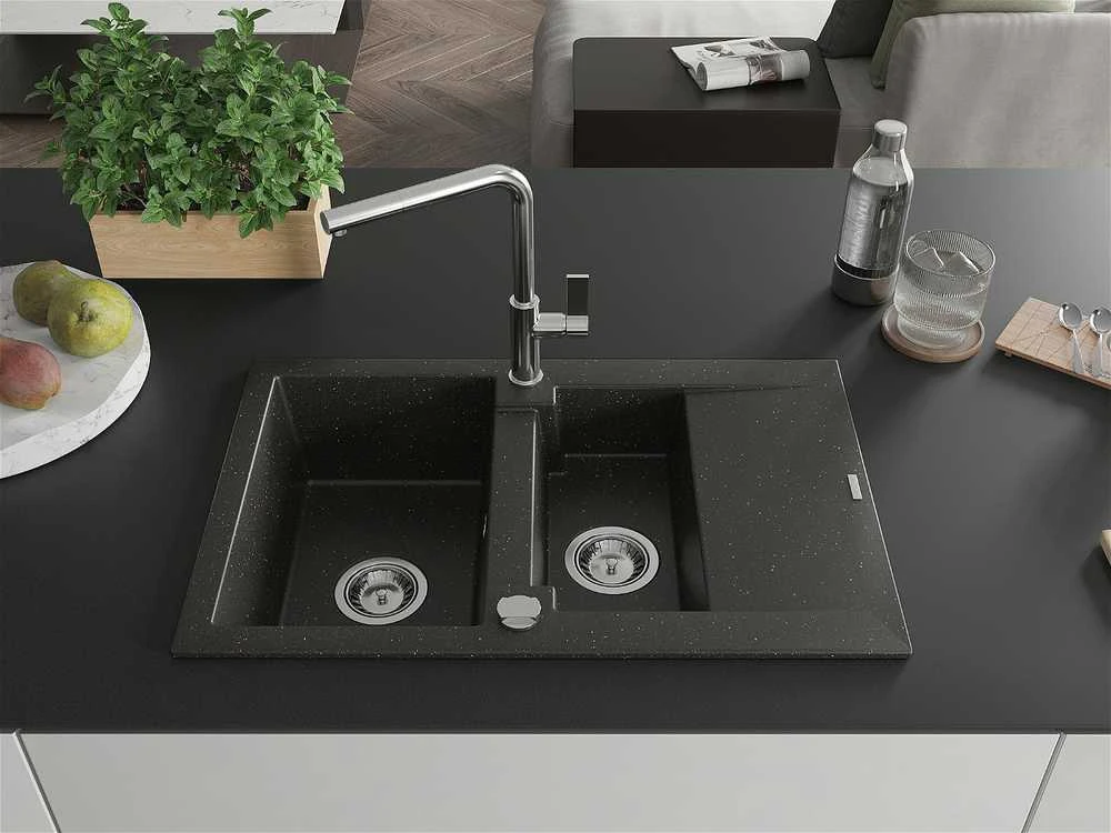 Granitinė virtuvinė plautuvė Mexen Gaspar su maišytuvu ir sifonu, Metallic juodas/auksinis+Chrome