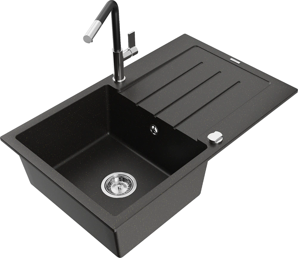 Granitinė virtuvinė plautuvė Mexen Bruno su maišytuvu ir sifonu, Metallic juodas/auksinis+Juodas/Chrome