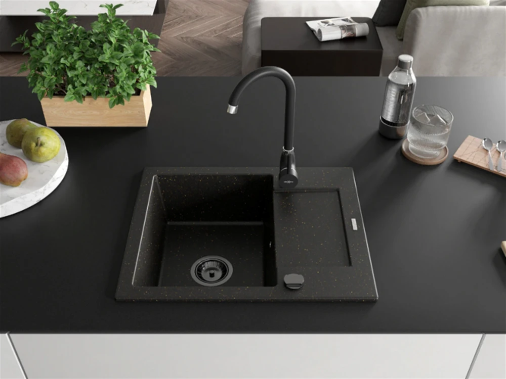 Granitinė virtuvinė plautuvė Mexen Enzo su maišytuvu ir sifonu, Metallic juodas/auksinis+Juodas(B)
