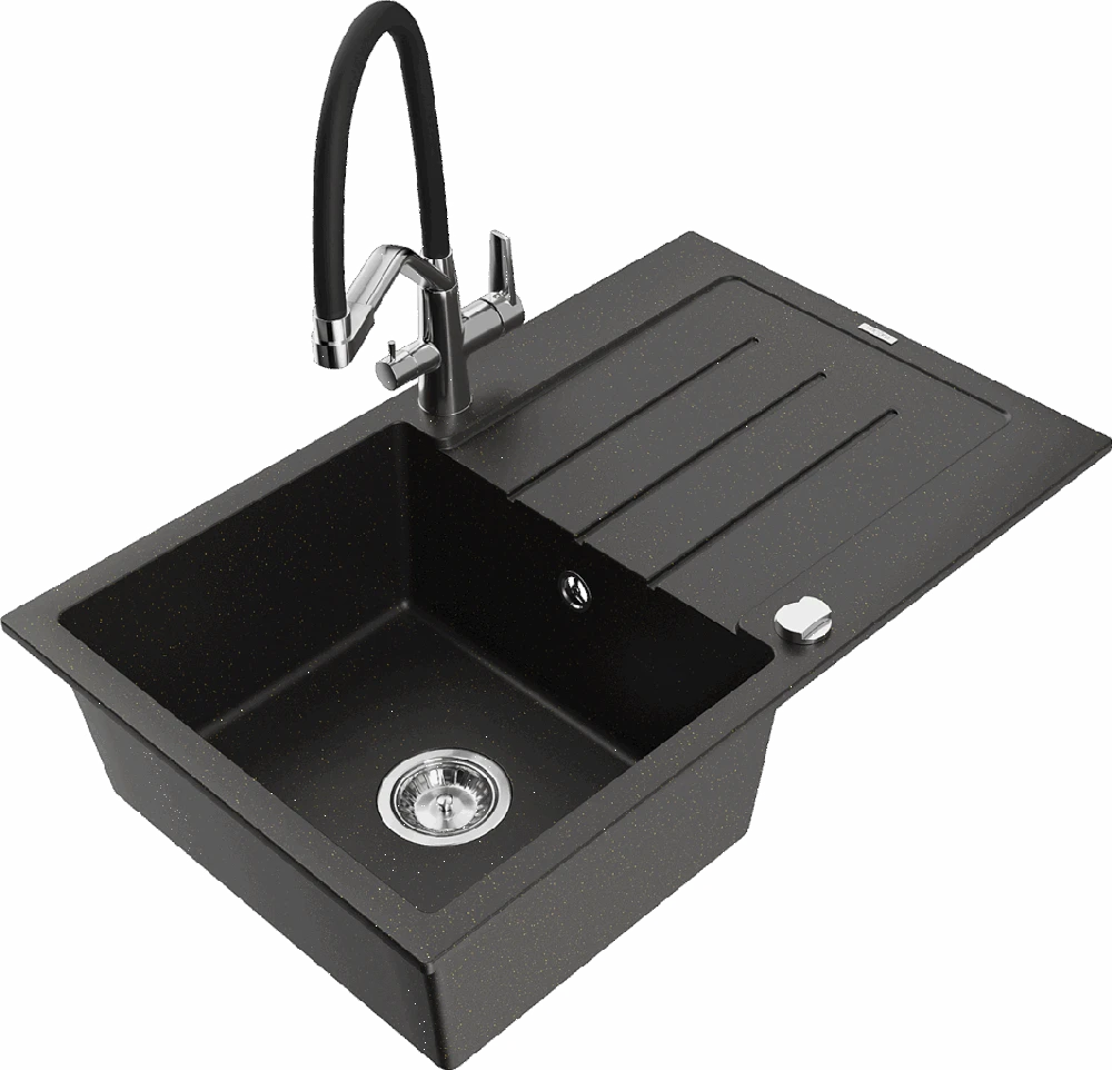 Granitinė virtuvinė plautuvė Mexen Bruno su maišytuvu ir sifonu, Metallic juodas/auksinis+Juodas/Chrome