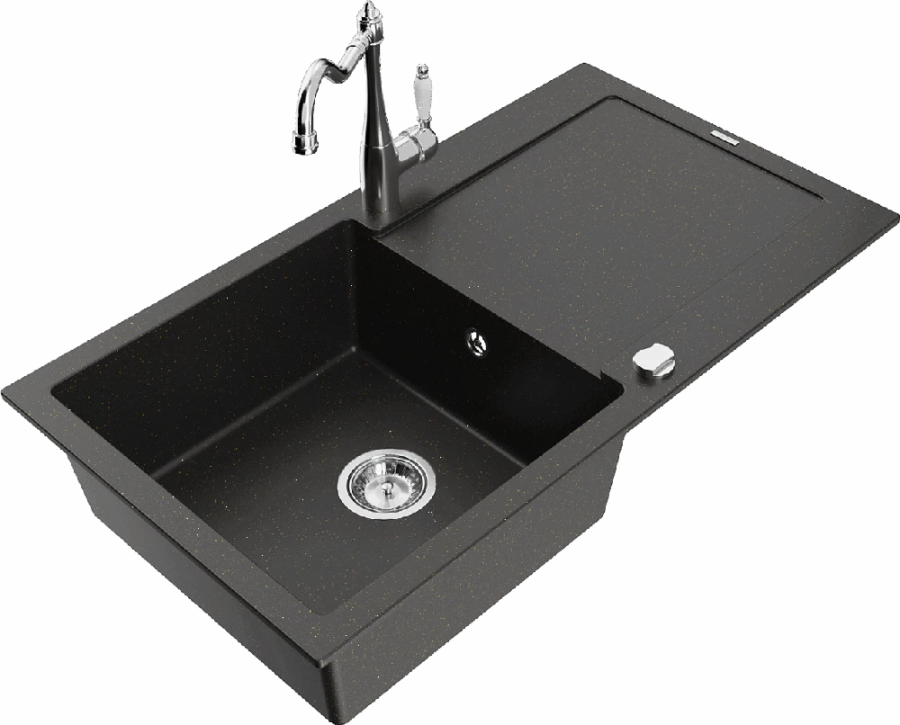 Granitinė virtuvinė plautuvė Mexen Leo su maišytuvu ir sifonu, Metallic juodas/auksinis+Chrome