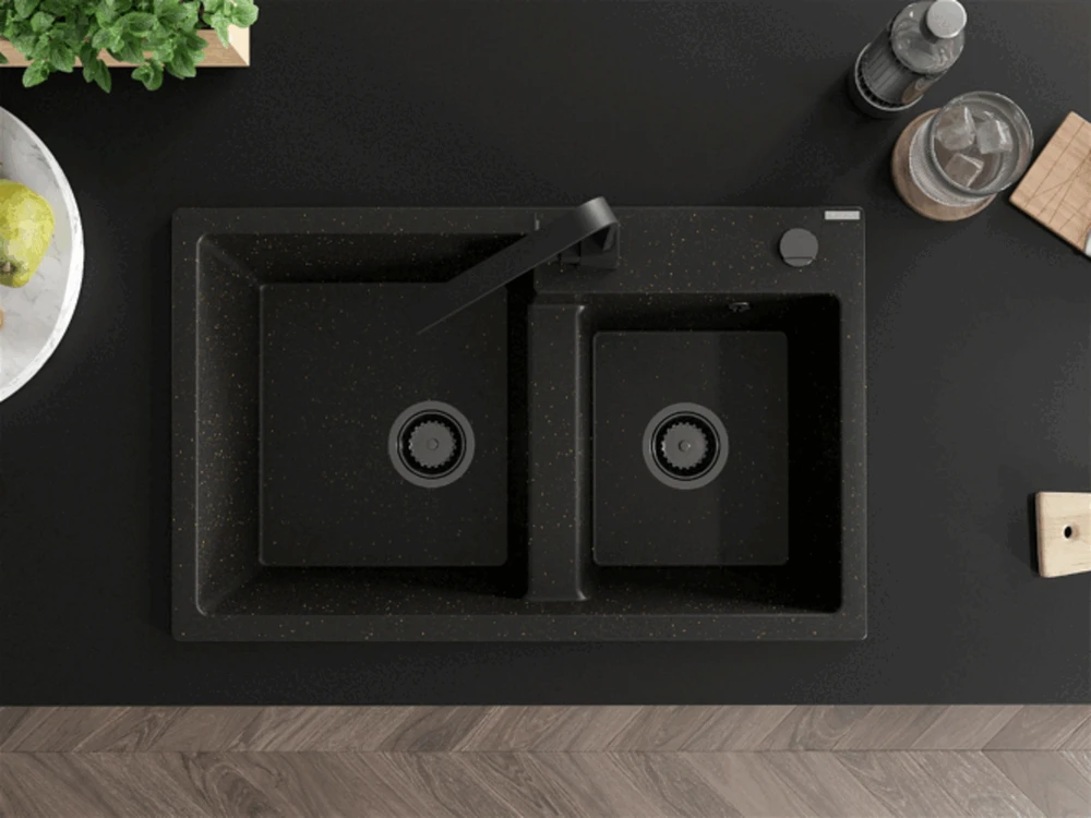 Granitinė virtuvinė plautuvė Mexen Tomas su maišytuvu ir sifonu, Metallic juodas/auksinis+Juodas(B)