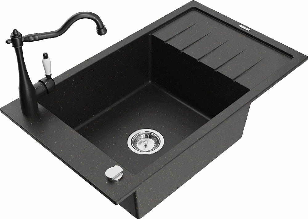 Granitinė virtuvinė plautuvė Mexen Elias su maišytuvu ir sifonu, Metallic juodas/auksinis+Juodas