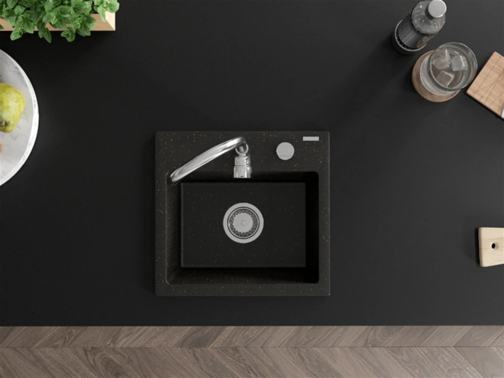 Granitinė virtuvinė plautuvė Mexen Milo su maišytuvu ir sifonu, Metallic juodas/auksinis+Chrome