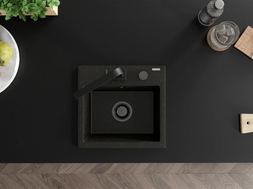 Granitinė virtuvinė plautuvė Mexen Milo su maišytuvu ir sifonu, Metallic juodas/auksinis+Juodas(B)